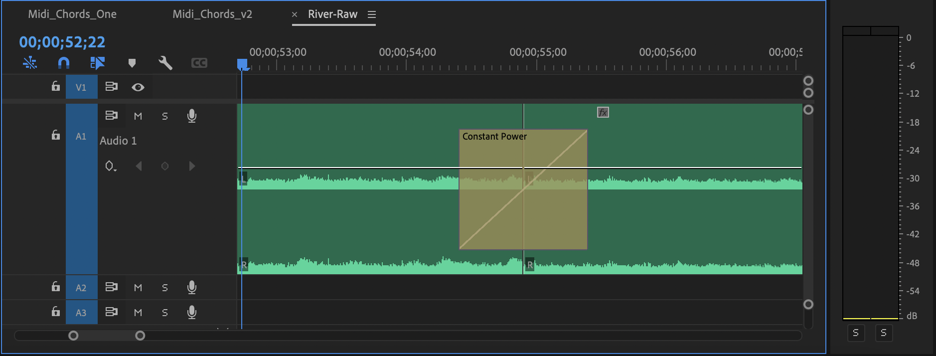Premiere Pro timeline showing constant power crossfade